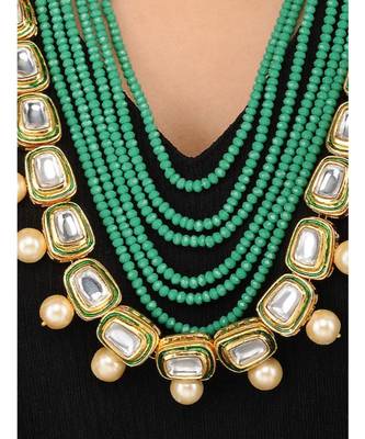 Gold Tone Kundan And Pearls With Green Beaded Necklace  Set 2