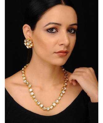 Gold Tone Kundan Inspired Necklace With Floral Studs 1