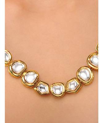 Gold Tone Kundan Inspired Necklace With Floral Studs 2