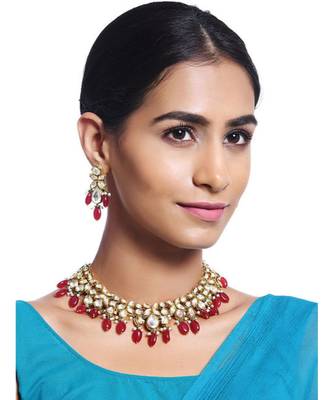 Red Gold Tone Kundan With Natural Stones Necklace Set 1