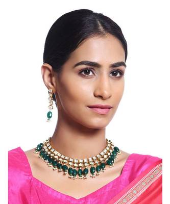 Green Gold Tone Kundan With Natural Stones Necklace Set 1