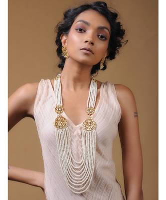 White Gold Tone Kundan And Pearl Multilayered Necklace Set 1