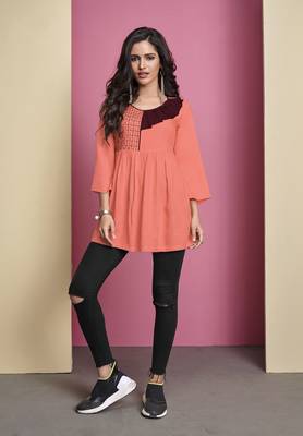 Orange embroidered viscose rayon long-tops 1