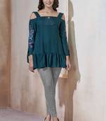 Aqua-blue embroidered viscose rayon long-tops