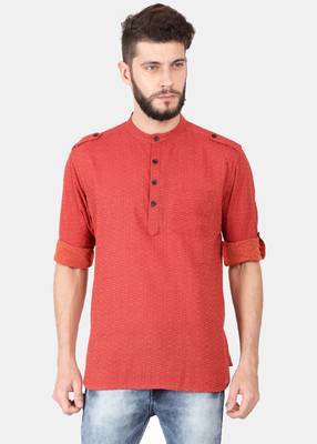 Red Self Design Pure Cotton Short Kurta 1