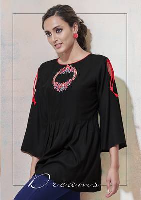 Black embroidered viscose rayon long-tops 2