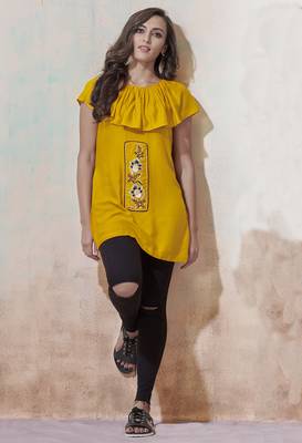 Yellow embroidered viscose rayon long-tops 1