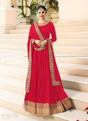 Red Embroidered Faux Georgette Salwar 1