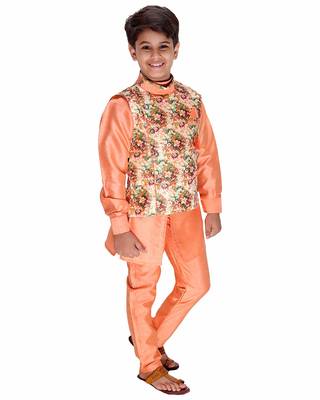 Orange plain cotton silk boys-kurta-pyjama 2