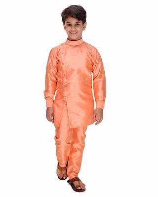 Orange plain cotton silk boys-kurta-pyjama 3