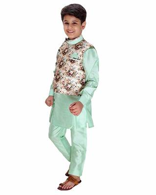 Green plain cotton silk boys-kurta-pyjama 3