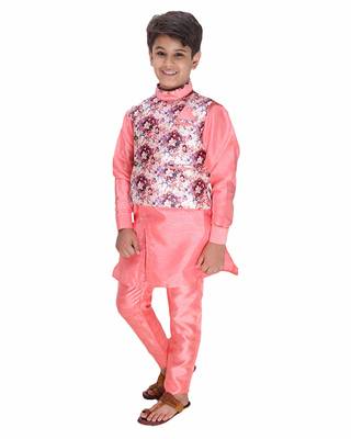 Pink plain cotton silk boys-kurta-pyjama 2