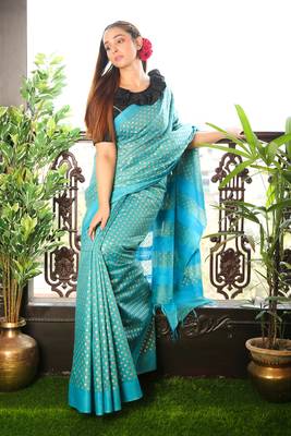 Sky Blue Blended Matka Saree With Allover Golden Printed Buta 1