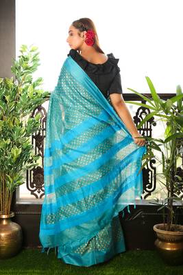 Sky Blue Blended Matka Saree With Allover Golden Printed Buta 2