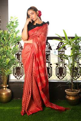 Dark Red Blended Matka Saree With Allover Golden Printed Buta 1