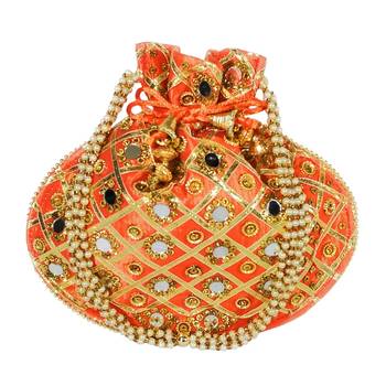 Women's Designer Partywear Bridal Potli Clutch Bag Orange (Single Bag) 1