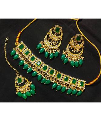 Designer Choker CZ Emerald Green Kundan Pearl Jewelry Set 1
