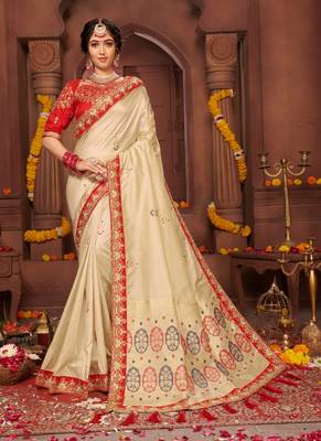 Cream embroidered silk blend saree with blouse 1