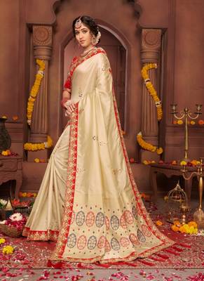 Cream embroidered silk blend saree with blouse 2