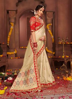 Cream embroidered silk blend saree with blouse 3