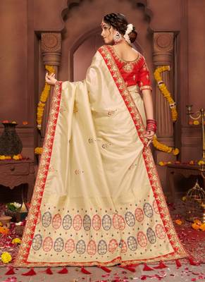 Cream embroidered silk blend saree with blouse 4