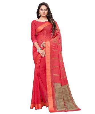 Pink printed cotton saree with blouse 1