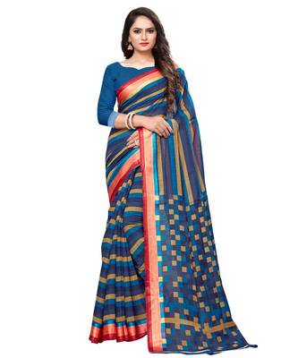 Blue printed cotton saree with blouse 1