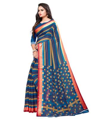 Blue printed cotton saree with blouse 2