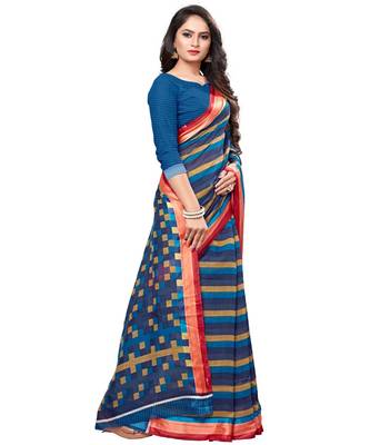 Blue printed cotton saree with blouse 3