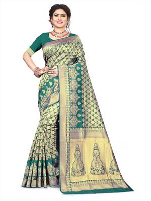 green woven art silk saree with blouse 1