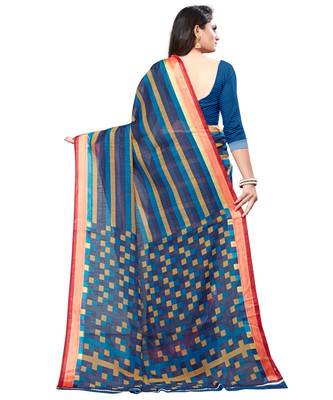 Blue printed cotton saree with blouse 4