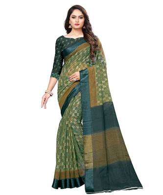 Green printed cotton saree with blouse 1