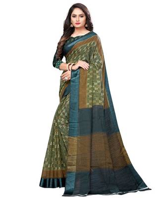 Green printed cotton saree with blouse 2