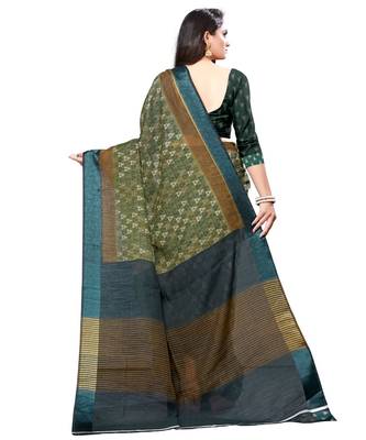 Green printed cotton saree with blouse 4