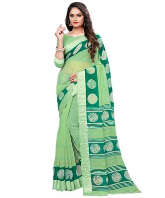 Green printed cotton saree with blouse 1