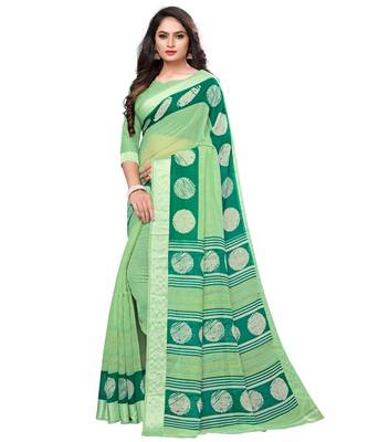 Green printed cotton saree with blouse 2