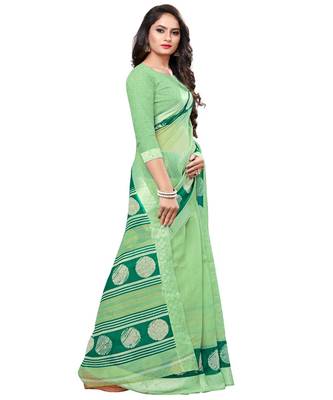 Green printed cotton saree with blouse 3