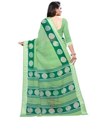 Green printed cotton saree with blouse 4