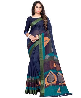 Blue printed cotton saree with blouse 1