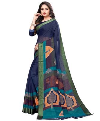 Blue printed cotton saree with blouse 2