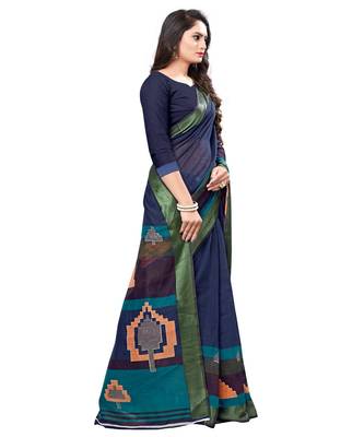 Blue printed cotton saree with blouse 3