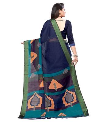 Blue printed cotton saree with blouse 4