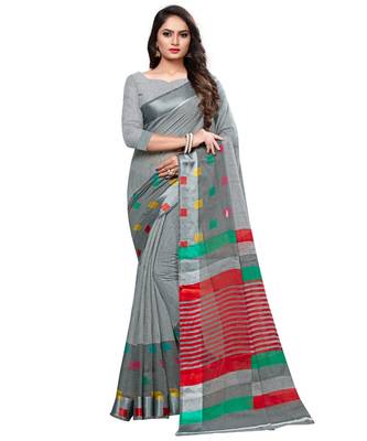 Grey printed cotton saree with blouse 1