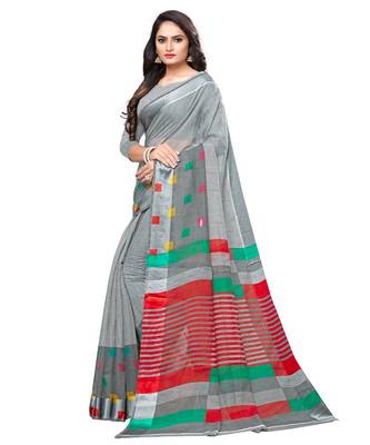 Grey printed cotton saree with blouse 2