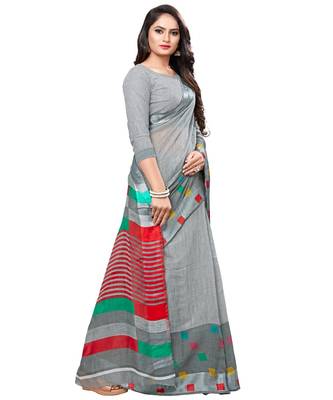 Grey printed cotton saree with blouse 3