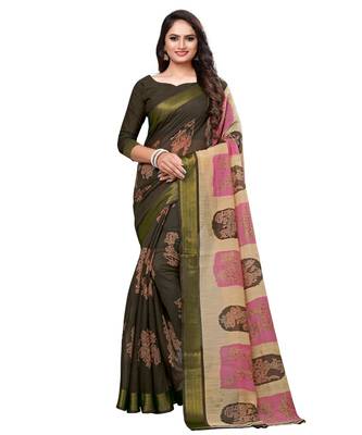 Brown printed cotton saree with blouse 1