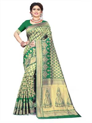 green woven art silk saree with blouse 1