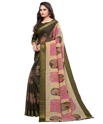 Brown printed cotton saree with blouse 2