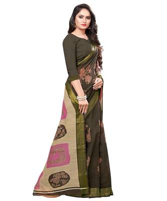 Brown printed cotton saree with blouse 3
