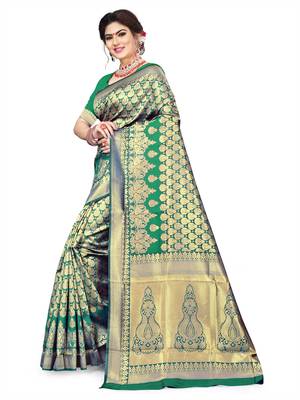 green woven art silk saree with blouse 2